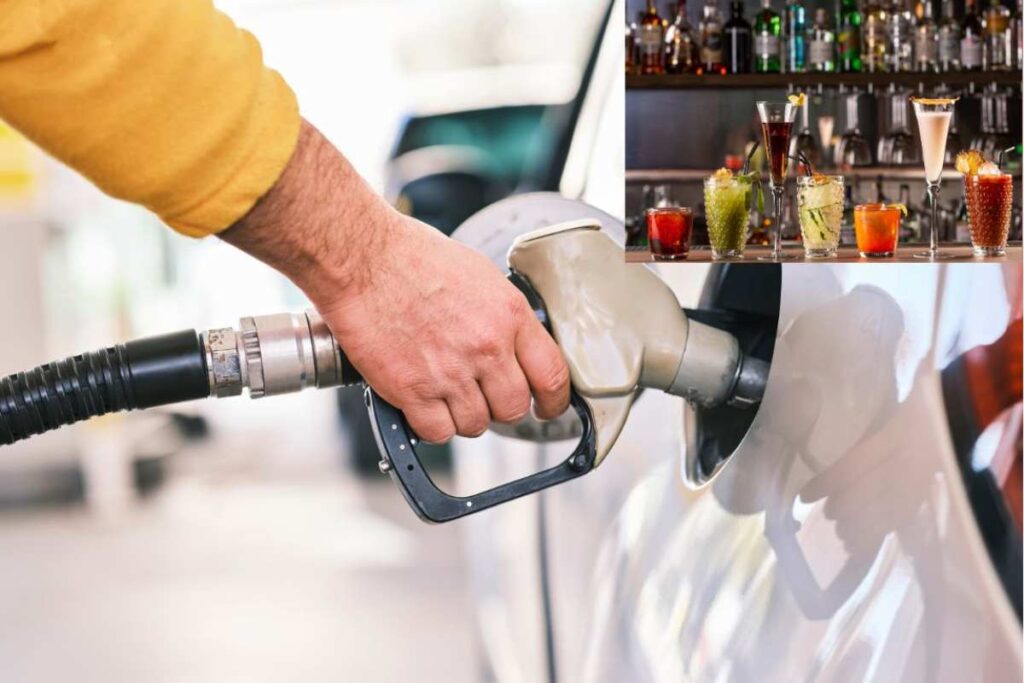 Un'auto al rifornimento e alcuni cocktail sul bancone di un bar